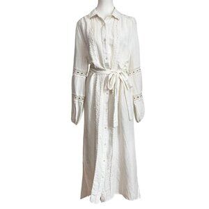 NWT CAROLINE CONSTAS IVORY WHITE LINEN BLEND EMBROIDERED BELTED MAXI SHIRT DRESS